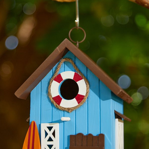 Glitzhome Modern Solid Wood Beach Hut Birdhouse, Blue