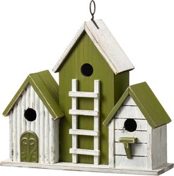 Glitzhome Oversized Washed Distressed Solid Wood 3-Room Villa Decorative Outdoor Garden with 3D Ladder Birdhouse, Green