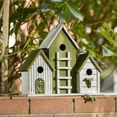 Show full view: Glitzhome Oversized Washed Distressed Solid Wood 3-Room Villa Decorative Outdoor Garden with 3D Ladder Birdhouse, Green slide 6 of 9