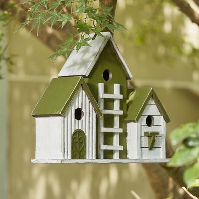 Show full view: Glitzhome Oversized Washed Distressed Solid Wood 3-Room Villa Decorative Outdoor Garden with 3D Ladder Birdhouse, Green slide 4 of 9