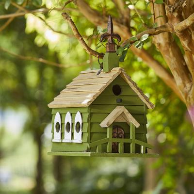 Show full view: Glitzhome Oversized Washed Distressed Solid Wood Church Decorative Outdoor Garden Birdhouse, Green slide 3 of 9