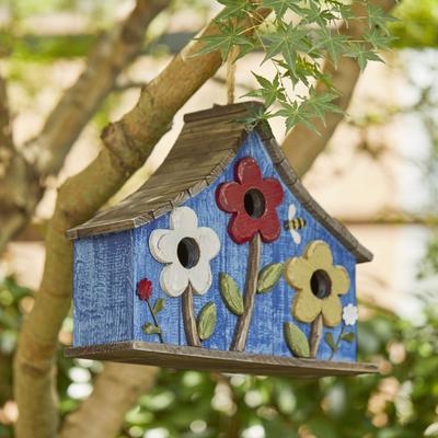 Show full view: Glitzhome Oversized Washed Distressed Solid Wood Three-Story Villa Decorative Outdoor Garden with 3D Flowers Birdhouse, Blue slide 4 of 9