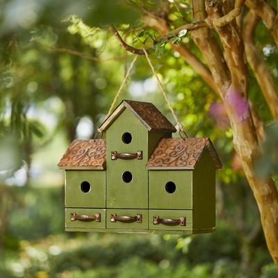 Show full view: Glitzhome Oversized Washed Distressed Solid Wood Villa Decorative Outdoor Garden with Drawer-Shaped Birdfeeder Birdhouse, Green slide 3 of 9