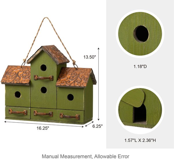 Glitzhome Oversized Distressed Solid Wood 3-Story Villa Birdhouse, White & Green