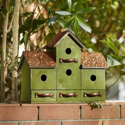 Show full view: Glitzhome Oversized Washed Distressed Solid Wood Villa Decorative Outdoor Garden with Drawer-Shaped Birdfeeder Birdhouse, Green slide 5 of 9