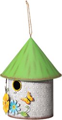 Glitzhome Stylish Distressed Metal Cottage Decorative with a Cluster of 3D Flowers & Butterfly Birdhouse, Green