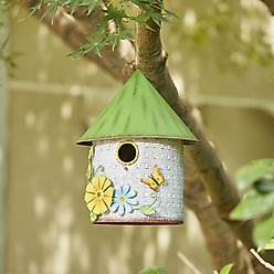 Glitzhome Stylish Distressed Metal Cottage Decorative with a Cluster of 3D Flowers & Butterfly Birdhouse, Green slide 2 of 9