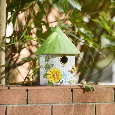 Show full view: Glitzhome Stylish Distressed Metal Cottage Decorative with a Cluster of 3D Flowers & Butterfly Birdhouse, Green slide 5 of 9