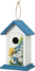 Glitzhome Stylish Distressed Solid Wood Decorative with Elegant Daisy & Butterfly Pattern Birdhouse, White