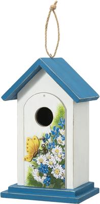 Show full view: Glitzhome Stylish Distressed Solid Wood Decorative with Elegant Daisy & Butterfly Pattern Birdhouse, White slide 1 of 9
