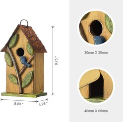 Glitzhome Washed Distressed Solid Wood Birdhouse with 3D Tree & Bird, Yellow slide 2 of 9