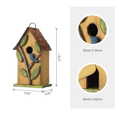 Show full view: Glitzhome Washed Distressed Solid Wood Birdhouse with 3D Tree & Bird, Yellow slide 2 of 9