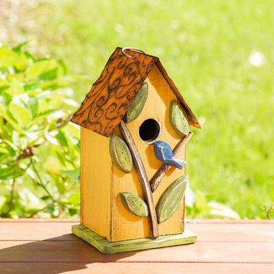 Show full view: Glitzhome Washed Distressed Solid Wood Birdhouse with 3D Tree & Bird, Yellow slide 4 of 9