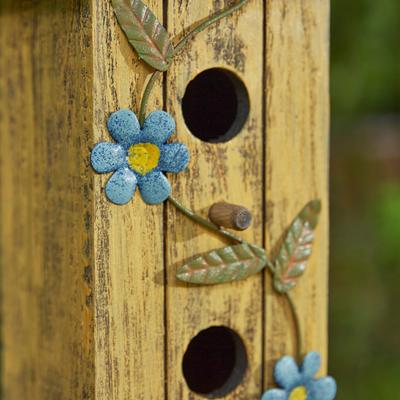 Show full view: Glitzhome Washed Distressed Solid Wood Cottage Birdhouse with 3D Metal Flower, Yellow slide 7 of 8