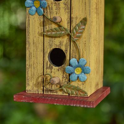 Show full view: Glitzhome Washed Distressed Solid Wood Cottage Birdhouse with 3D Metal Flower, Yellow slide 8 of 8