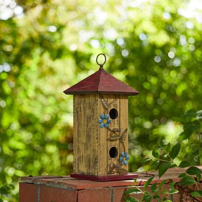 Show full view: Glitzhome Washed Distressed Solid Wood Cottage Birdhouse with 3D Metal Flower, Yellow slide 4 of 8