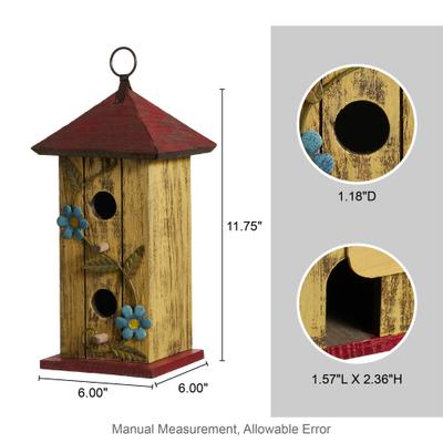 Show full view: Glitzhome Washed Distressed Solid Wood Cottage Birdhouse with 3D Metal Flower, Yellow slide 2 of 8