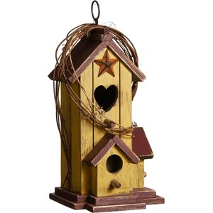 Glitzhome Washed Distressed Solid Wood Cottage Birdhouse with Rattan, Yellow