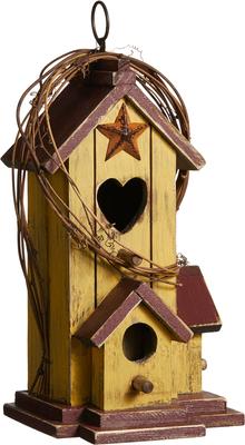 Show full view: Glitzhome Washed Distressed Solid Wood Cottage Birdhouse with Rattan, Yellow slide 1 of 7