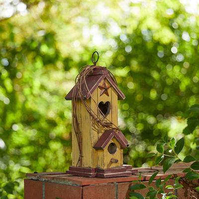 Show full view: Glitzhome Washed Distressed Solid Wood Cottage Birdhouse with Rattan, Yellow slide 4 of 7