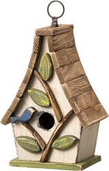 Glitzhome Washed Distressed Solid Wood Decorative Outdoor Garden with Natural Wood Pallet Roof & 3D Tree Birdhouse, White