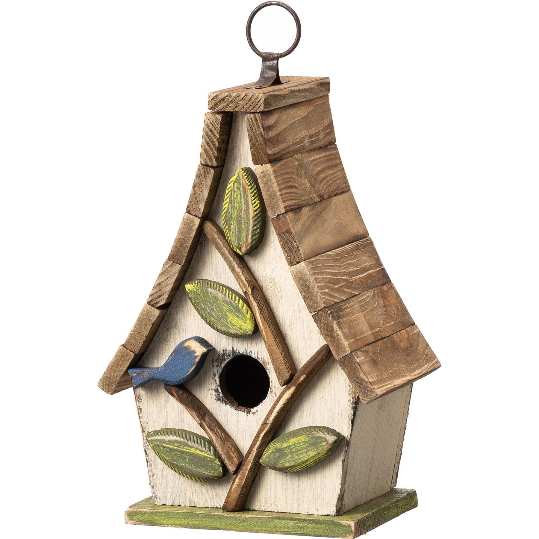 Glitzhome Washed Distressed Solid Wood Decorative Outdoor Garden with Natural Wood Pallet Roof & 3D Tree Birdhouse, White