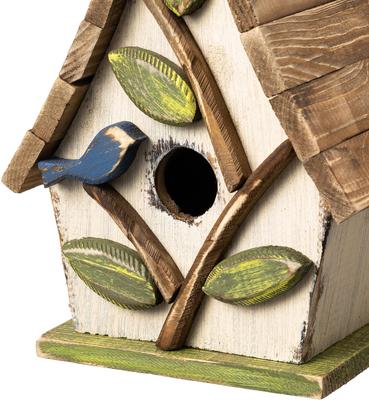 Show full view: Glitzhome Washed Distressed Solid Wood Decorative Outdoor Garden with Natural Wood Pallet Roof & 3D Tree Birdhouse, White slide 9 of 9