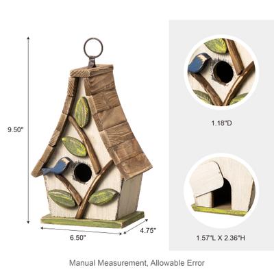 Show full view: Glitzhome Washed Distressed Solid Wood Decorative Outdoor Garden with Natural Wood Pallet Roof & 3D Tree Birdhouse, White slide 2 of 9