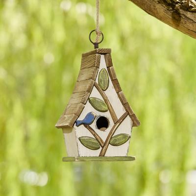 Show full view: Glitzhome Washed Distressed Solid Wood Decorative Outdoor Garden with Natural Wood Pallet Roof & 3D Tree Birdhouse, White slide 4 of 9