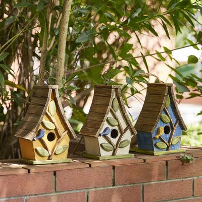 Show full view: Glitzhome Washed Distressed Solid Wood Decorative Outdoor Garden with Natural Wood Pallet Roof & 3D Tree Birdhouse, White slide 5 of 9