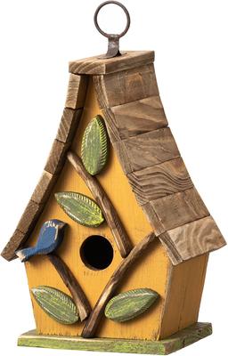 Show full view: Glitzhome Washed Distressed Solid Wood Decorative Outdoor Garden with Natural Wood Pallet Roof Birdhouse, Yellow slide 1 of 10