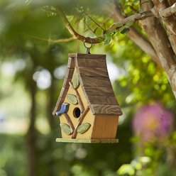 Glitzhome Washed Distressed Solid Wood Decorative Outdoor Garden with Natural Wood Pallet Roof Birdhouse, Yellow slide 2 of 9