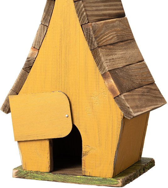 Glitzhome Washed Distressed Solid Wood Decorative Outdoor Garden with Natural Wood Pallet Roof Birdhouse, Yellow