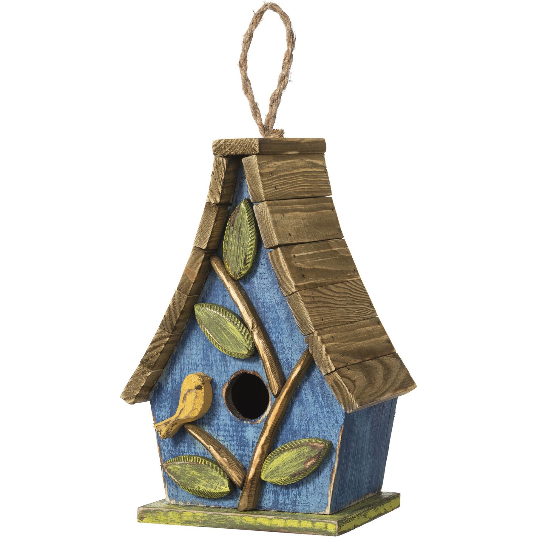Glitzhome Washed Distressed Solid Wood Decorative Outdoor Garden with Natural Wood Slatted Roof & 3D Tree Birdhouse, Blue