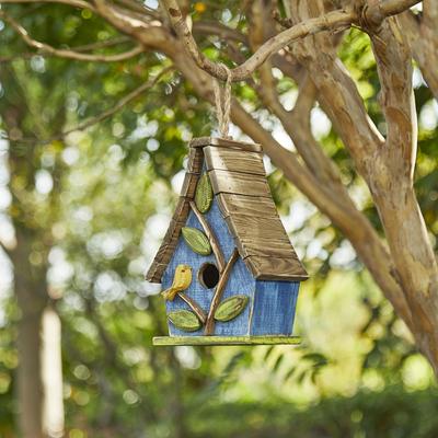Show full view: Glitzhome Washed Distressed Solid Wood Decorative Outdoor Garden with Natural Wood Slatted Roof & 3D Tree Birdhouse, Blue slide 3 of 9