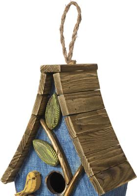 Show full view: Glitzhome Washed Distressed Solid Wood Decorative Outdoor Garden with Natural Wood Slatted Roof & 3D Tree Birdhouse, Blue slide 8 of 9