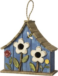 Glitzhome Washed Distressed Solid Wood Two-Story Townhouse Garden with 3D Flowers Birdhouse, Blue slide 1 of 9