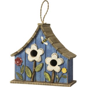 Glitzhome Washed Distressed Solid Wood Two-Story Townhouse Garden with 3D Flowers Birdhouse, Blue