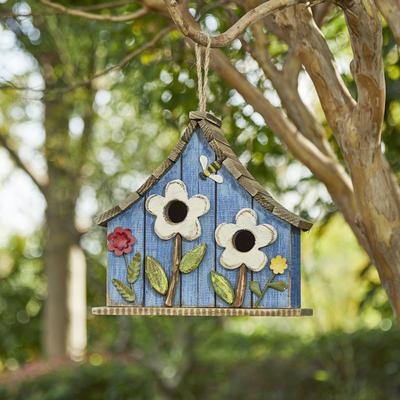 Show full view: Glitzhome Washed Distressed Solid Wood Two-Story Townhouse Garden with 3D Flowers Birdhouse, Blue slide 4 of 10