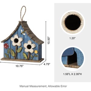 Glitzhome Washed Distressed Solid Wood Two-Story Townhouse Garden with 3D Flowers Birdhouse, Blue