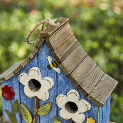 Show full view: Glitzhome Washed Distressed Solid Wood Two-Story Townhouse Garden with 3D Flowers Birdhouse, Blue slide 6 of 10