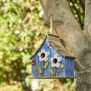 Glitzhome Washed Distressed Solid Wood Two-Story Townhouse Garden with 3D Flowers Birdhouse, Blue