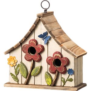Glitzhome Washed Distressed Solid Wood Two-Story Townhouse Garden with 3D Flowers Birdhouse, White