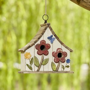 Glitzhome Washed Distressed Solid Wood Two-Story Townhouse Garden with 3D Flowers Birdhouse, White