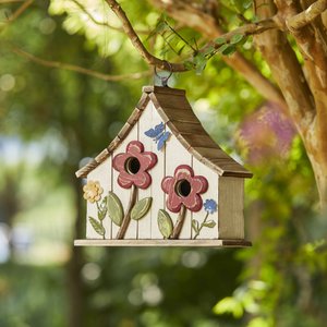 Glitzhome Washed Distressed Solid Wood Two-Story Townhouse Garden with 3D Flowers Birdhouse, White