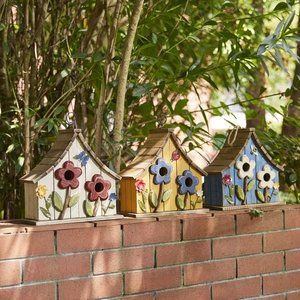 Glitzhome Washed Distressed Solid Wood Two-Story Townhouse Garden with 3D Flowers Birdhouse, White