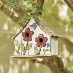 Glitzhome Washed Distressed Solid Wood Two-Story Townhouse Garden with 3D Flowers Birdhouse, White