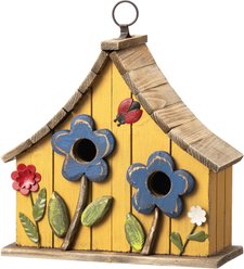 Glitzhome Washed Distressed Solid Wood Two-Story Townhouse Garden with 3D Flowers Birdhouse, Yellow