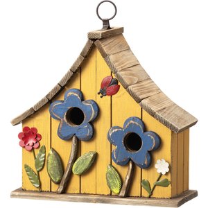 Glitzhome Washed Distressed Solid Wood Two-Story Townhouse Garden with 3D Flowers Birdhouse, Yellow