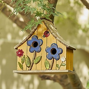 Glitzhome Washed Distressed Solid Wood Two-Story Townhouse Garden with 3D Flowers Birdhouse, Yellow